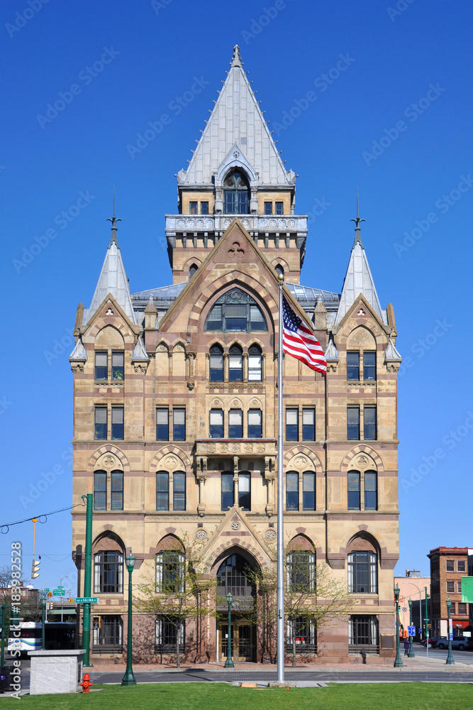 Syracuse Savings Bank Building was built in 1876 with Gothic style at Clinton Square in downtown Syracuse, New York State, USA. Now this building is a US National Register of Historic Places.
