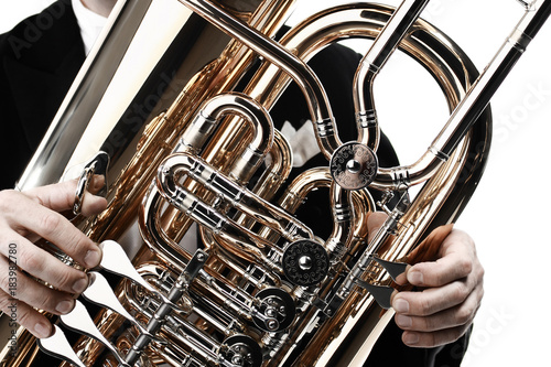 Tuba brass instrument. Wind musical instruments