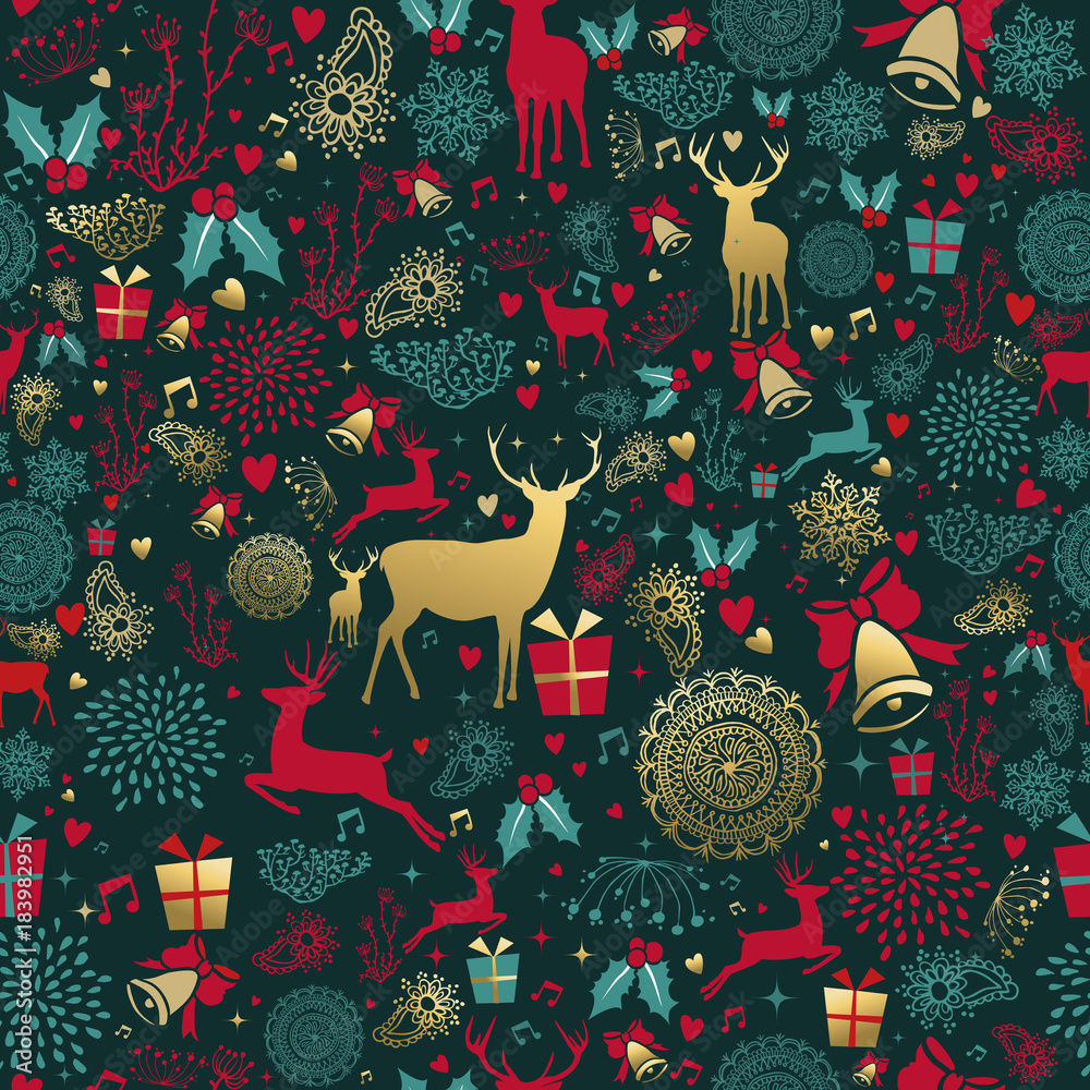 Christmas gold deer decoration seamless pattern