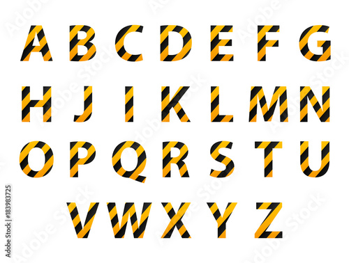 Vector alphabet. Set of striped letters in the form of a protective tape. Repair of building hazard design. Vector illustration.
