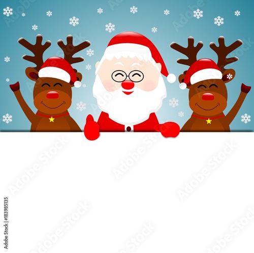 Święty Mikołaj i dwa renifery, kartka świąteczna
