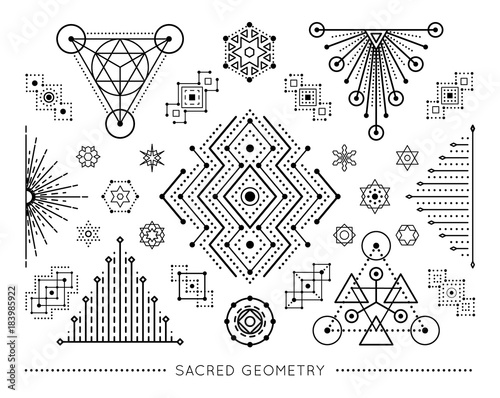 Sacred geometry style symbol set. Sacral geometric outline signs isolated on the white background. Line art elements. Editable stroke. Paths are not expanded. EPS 10 linear design vector illustration.