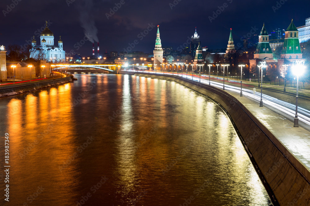 Night Bridge Moscow River near Kremlin. Jesus Savior Temple. Bridge Moscvoretskiy