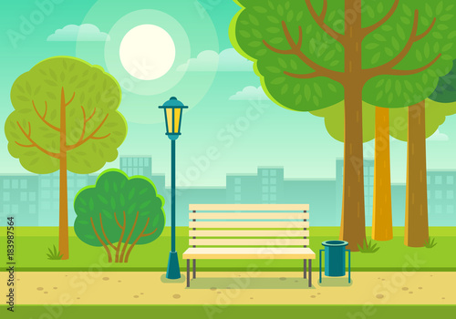Fototapeta Naklejka Na Ścianę i Meble -  Vector illustration of a beautiful summer city park with town building background, path, bench and street lamp.
