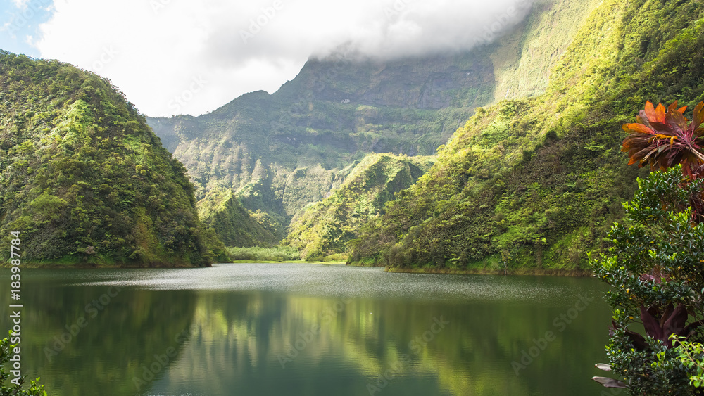 Fototapeta premium Tahiti in French Polynesia, Vaihiria lake in the Papenoo valley in the mountains, luxuriant bushy vegetation 