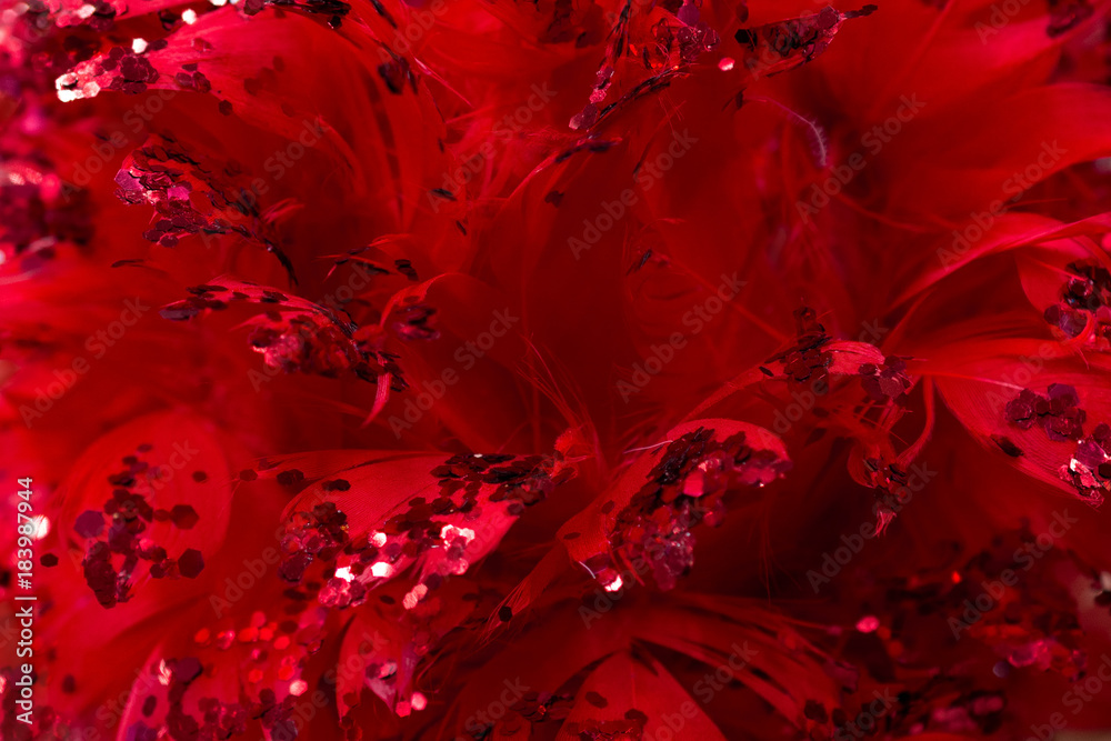 Christmas and New Year decorations: background of red feathers and sparkles, soft focus. Christmas and New Year decorations: background of red feathers and sparkles, soft focus.