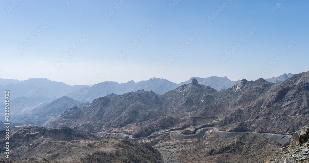 Al Hada Mountain in Taif City, Saudi Arabia with Beautiful View of Mountains and Al Hada road inbetween the mountains.