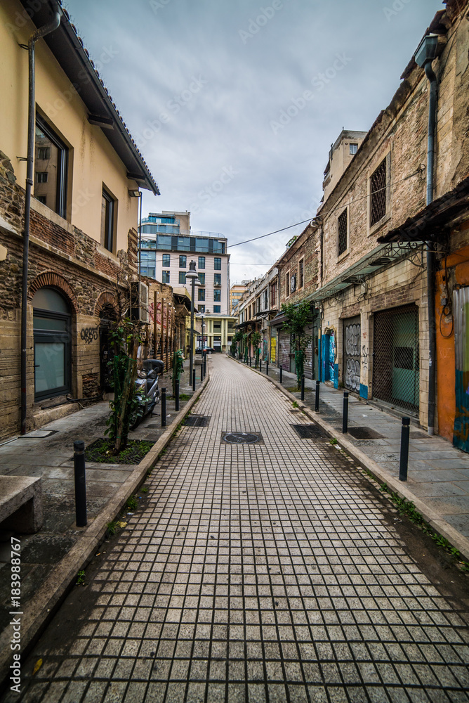 Old Streets of Thessaloniki cuty, near the Harbor on a cloudy day