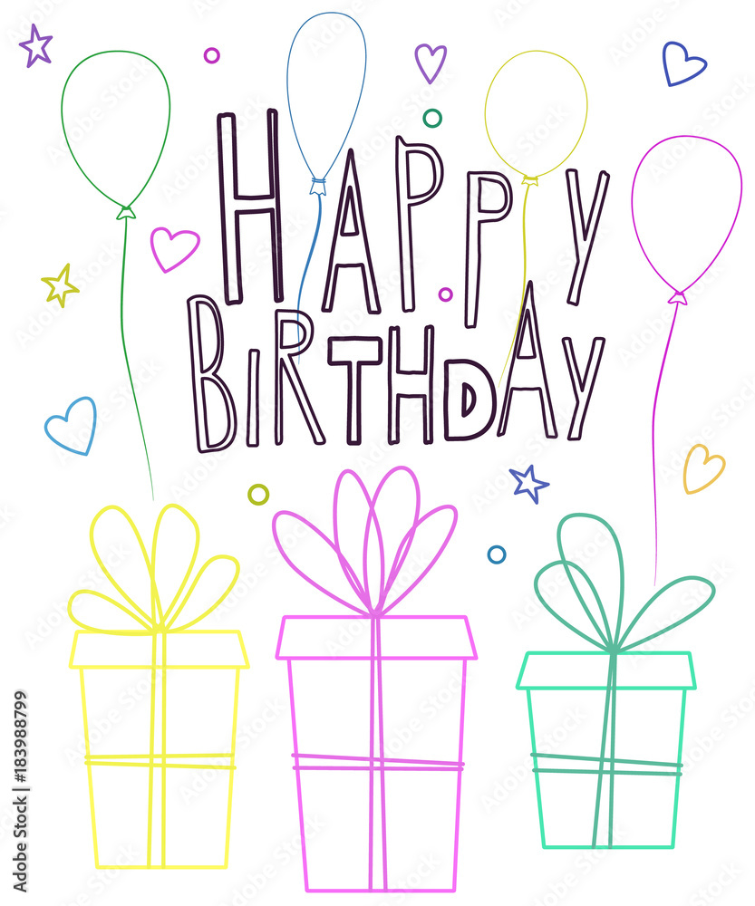 Cute happy birthday greeting card design with contour gift boxes, inflated ballons and lettering. Cute happy birthday greeting card design with contour gift boxes, inflated ballons and lettering.