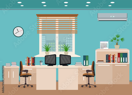 Office room interior including two work spaces with cityscape outside window.