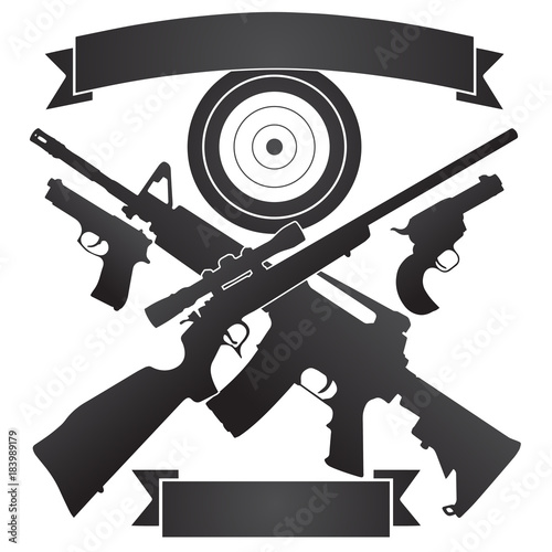 Crossed Hunting Rifle and Semi-Automatic Rifle with Pistols and Target plus Banners Vector Illustration