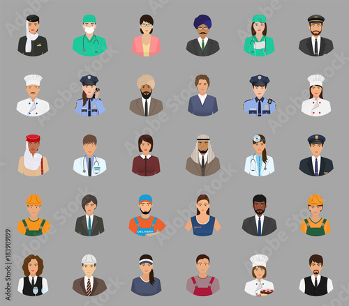 Big set of people avatars with different occupation. Employee and workers faces characters.