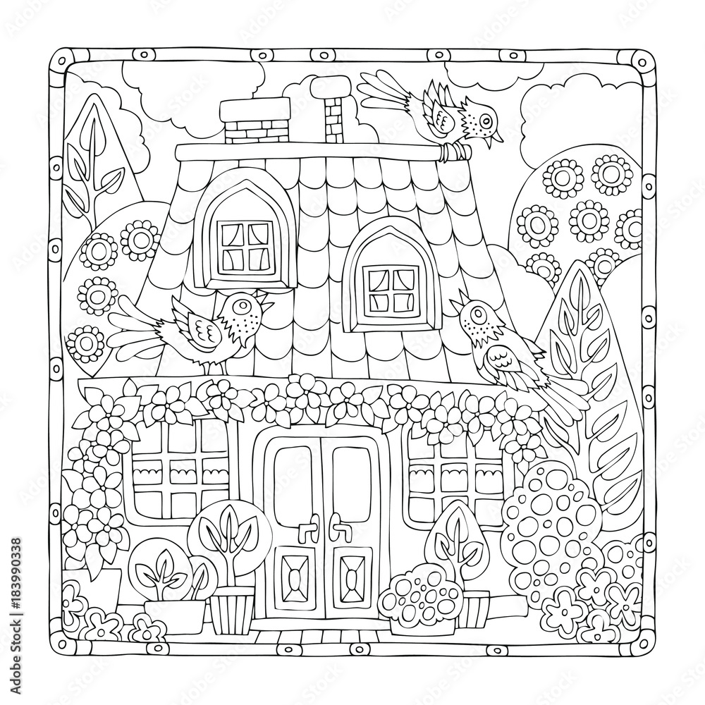 Hand drawn fairy house with birds in frame. Sketch for anti-stress adult coloring book in zen-tangle style. Vector illustration for coloring page.