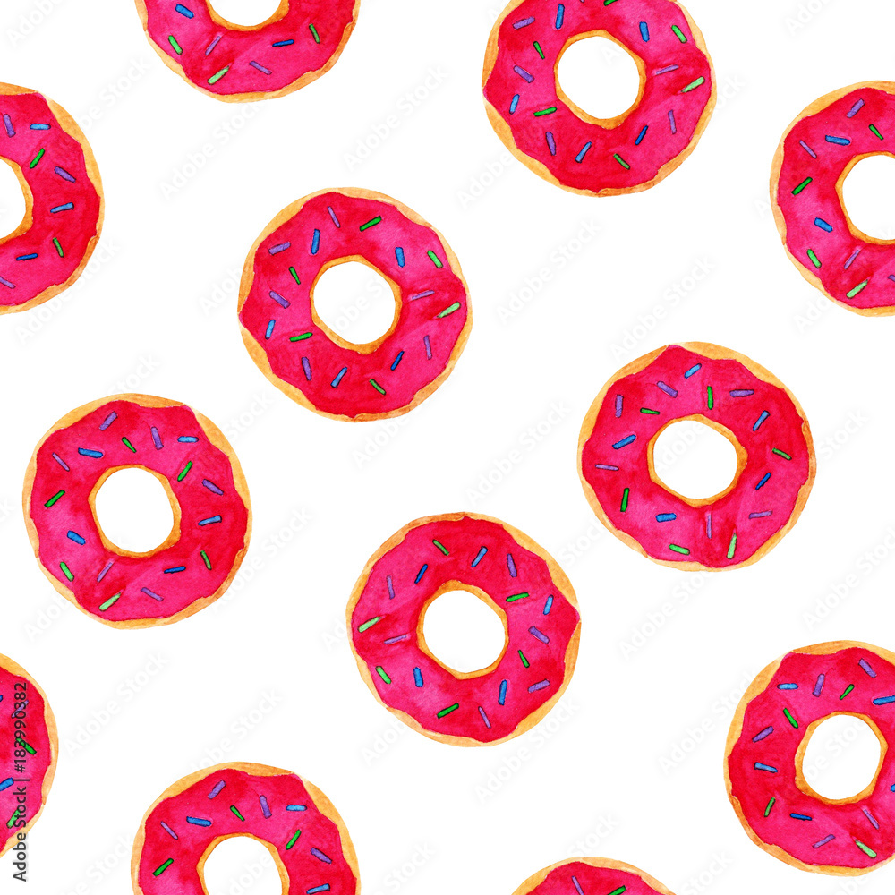 Fototapeta premium Watercolor glazed donuts pattern. Pink dessert. For design, print or background