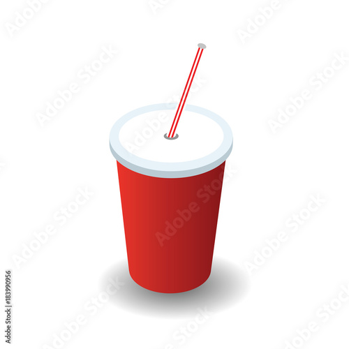 Isometric red plastic glass with lid and straw isolated on white background