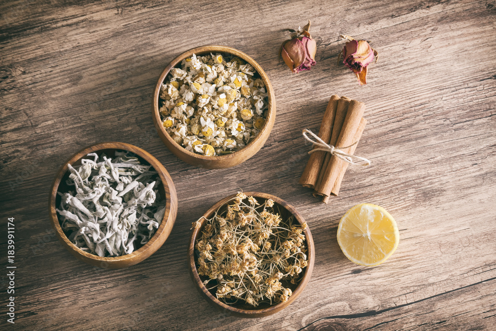 Arrangement Of Winter Teas On A Wooden Surface Arrangement Of Winter Teas On A Wooden Surface