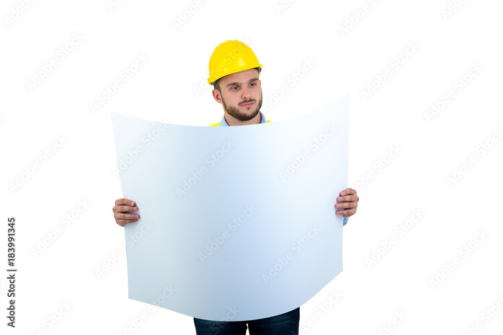 Young Engineer portrait holding blueprints isolated on white Young Engineer portrait holding blueprints isolated on white