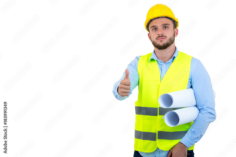 Young Engineer portrait holding blueprints isolated on white