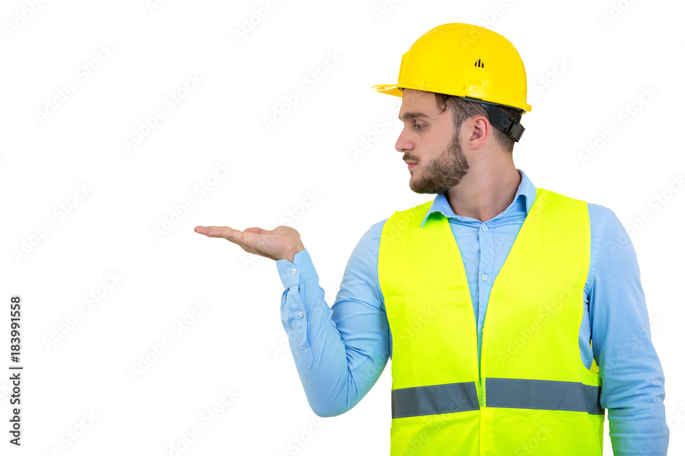 Angry builder or constructor yelling at somebody as fury concept isolated on white background with copyspace Angry builder or constructor yelling at somebody as fury concept isolated on white background with copyspace