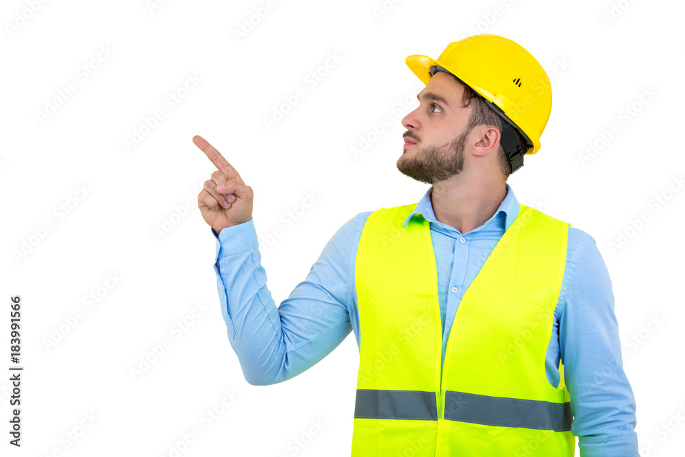 Angry builder or constructor yelling at somebody as fury concept isolated on white background with copyspace Angry builder or constructor yelling at somebody as fury concept isolated on white background with copyspace