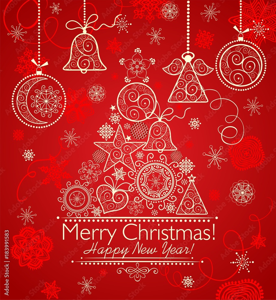 Naklejka premium Decorative Christmas greeting red card with golden hanging lacy decoration and xmas tree