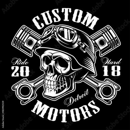 Biker skull with crossed pistons t-shirt design (monochrome version)