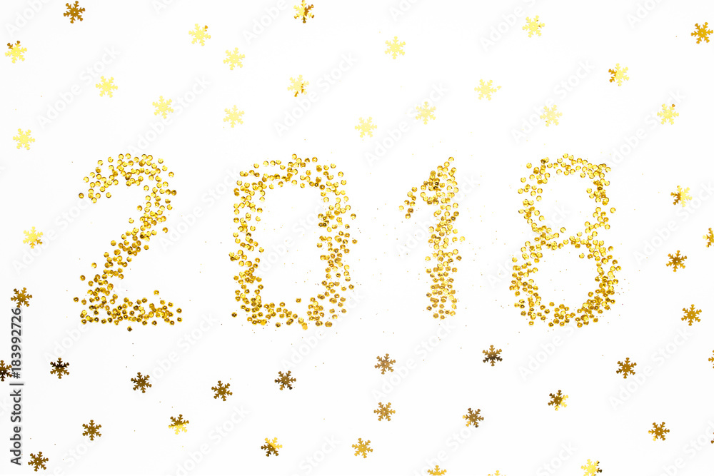 2018 Happy New Year. Gold sequins numbers, gold confetti, design for postcards, banners, posters, website. Flat lay, top view
