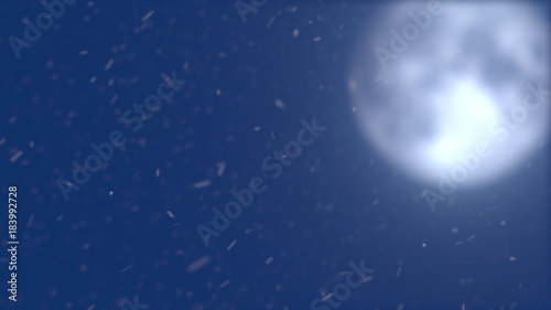 Falling snow against blurred full moon. 3D rendering