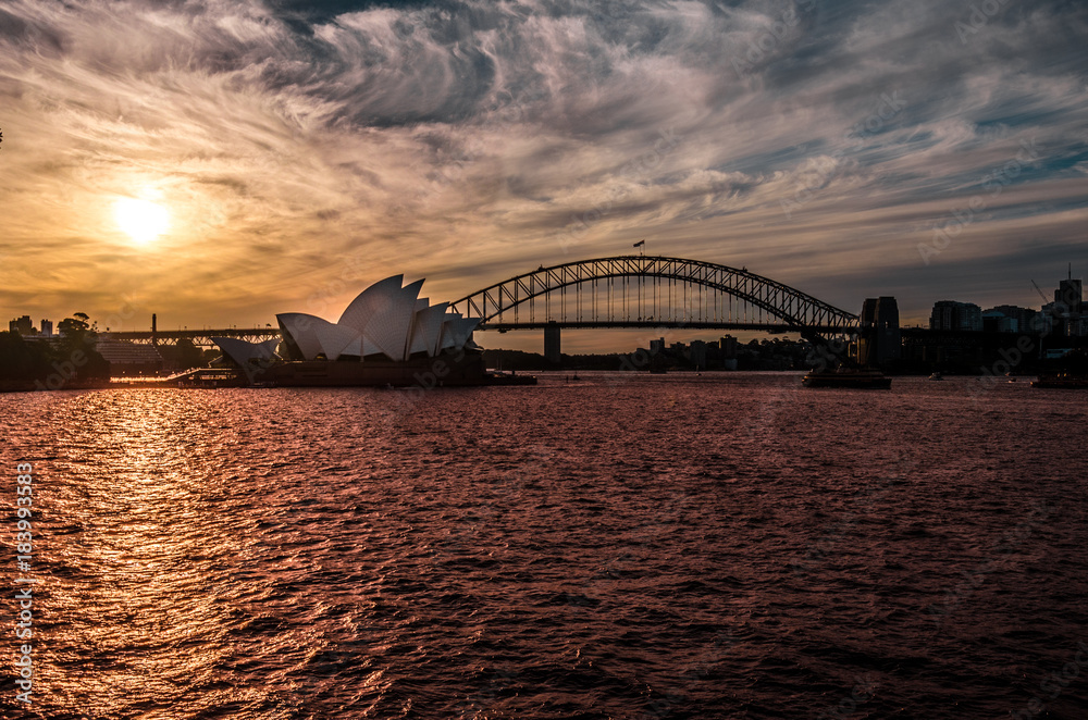 Naklejka premium seascape of Sydney, panoramic view of the Sydney bay during sunset. australia. travel.