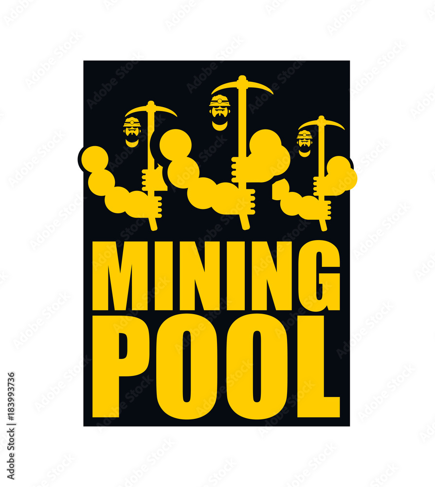 Mining pool logo. Extraction of Bitcoin Crypto Currencies. Worker with pickaxe. Vector illustration