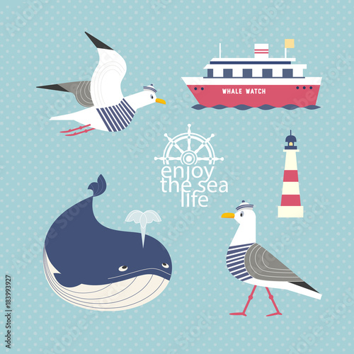 Nautical poster concept. Set of cute cartoon seaside symbols in retro cartoon style. Fancy letters maritime headline. Marine icons of vintage seashore lifestyle banner background. Vector illustration