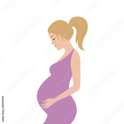 Simple cute colorful vector illustration of pregnant blond hair woman with ponytail in violet dress.