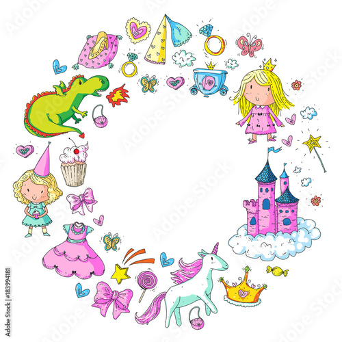 Cute princess Icons set with unicorn  dragon Girl wallpaper Baby shower Invitation Kindergarten  preschool  nursery  birthday  school party