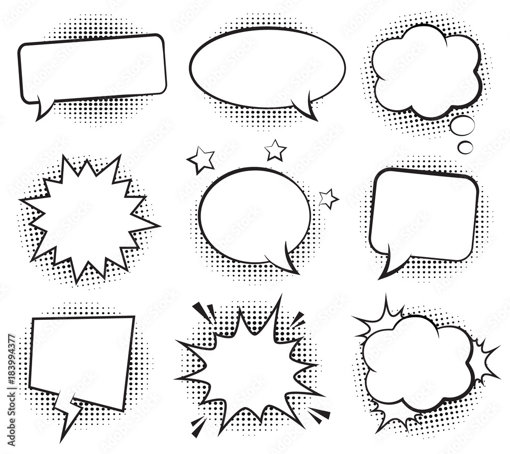 Retro empty comic bubbles and elements set with black halftone shadows ...