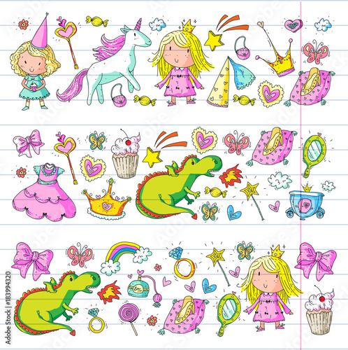 Cute princess Icons set with unicorn, dragon Girl wallpaper Baby shower Invitation Kindergarten, preschool, nursery, birthday, school party
