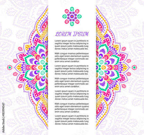 Indian style colorful ornate card. Ornamental blank with ethnic motifs. Oriental graphic design concept. Paper brochure template. EPS 10 vector illustration. Clipping mask.