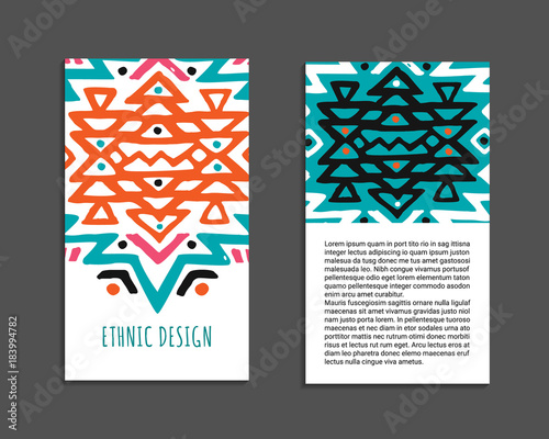 Aztec colorful hand-drawn ornamental card template. American indian leaflet design. Tribal decorative pattern. Ethnic ornate background. Vintage style flyer. EPS 10 vector brochure. 