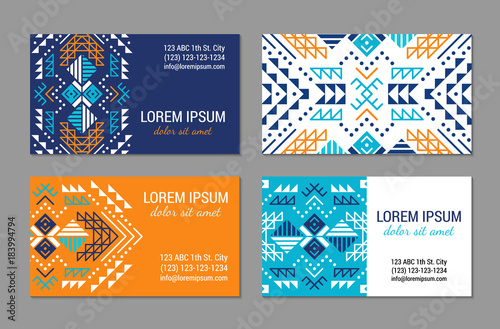 Aztec style colorful business card set. American indian ornamental pattern design. Ornate blank with ethnic motifs. Tribal decorative template. EPS 10 vector concept. 