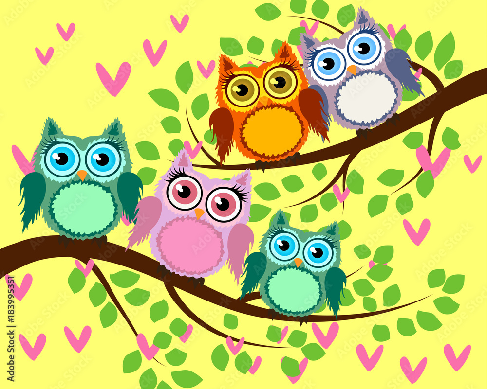 Obraz premium Bright cute cartoon owls sit on the flowering branches of fantastic trees