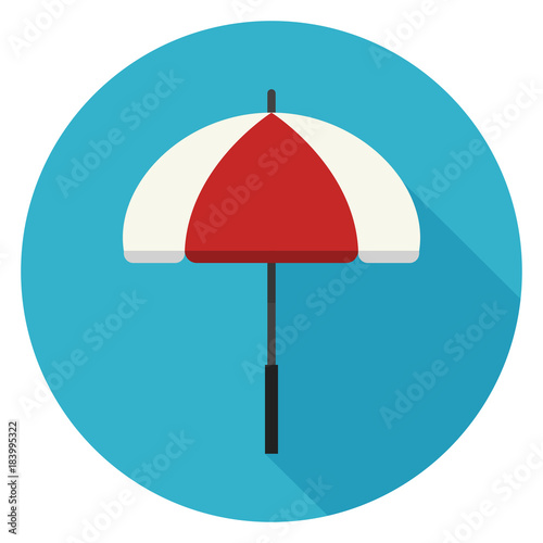Beach umbrella icon. Illustration in flat style. Round icon with long shadow.