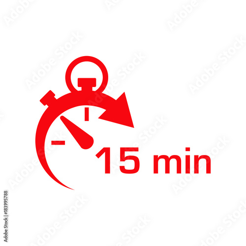 Icono plano cronometro con 15 min rojo en fondo blanco