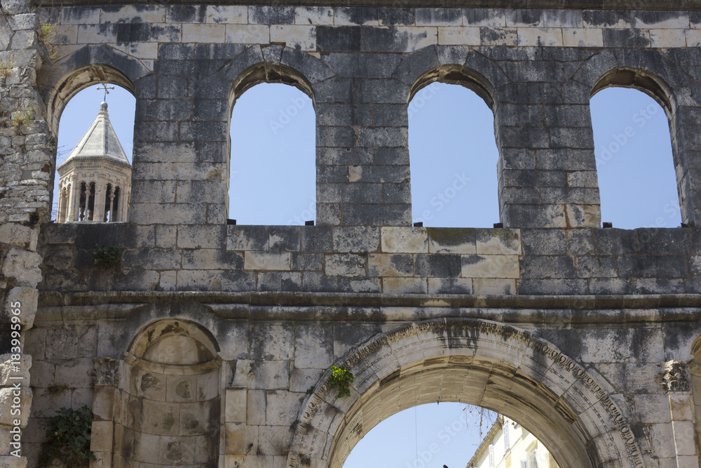 Diocletian Palace detail  with Sain Domnous bell tower in the background in Split
