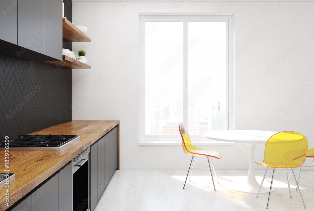 Fototapeta premium Gray wooden kitchen, yellow chairs, side