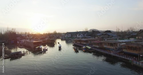 Boats on Jhelum River in Srinagar, aerial