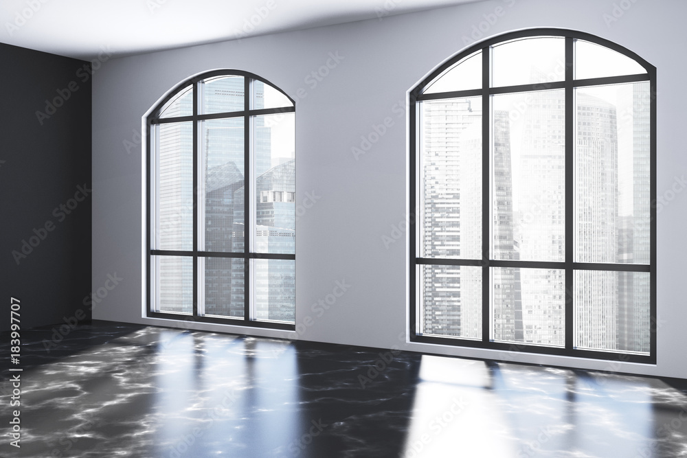 Empty white room with black marble floor Empty white room with black marble floor