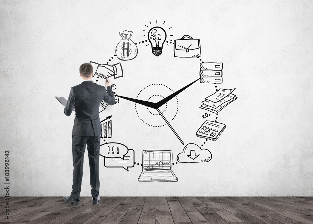 Businessman with a marker, time management Businessman with a marker, time management
