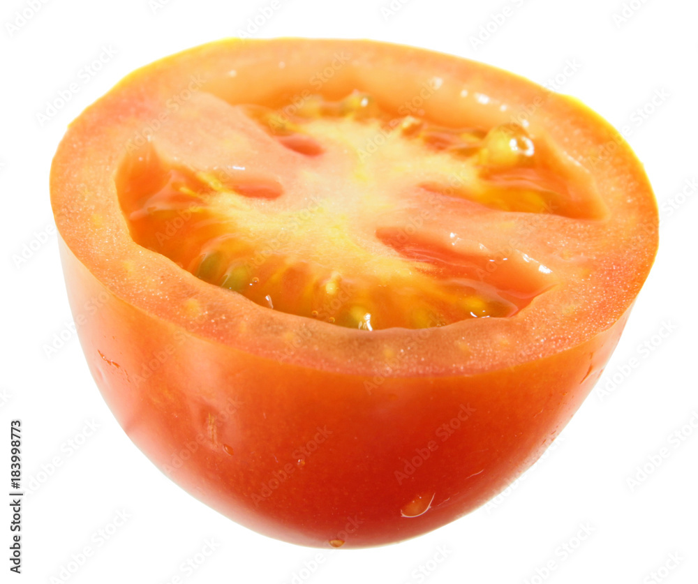 Red tomato cut in half inside cross section isolated on white background Red tomato cut in half inside cross section isolated on white background