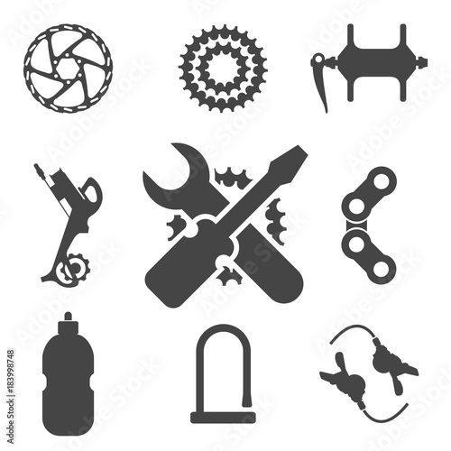 Bike Parts, Accessories, Repair and Maintenance Vector Silhouette Icon Set