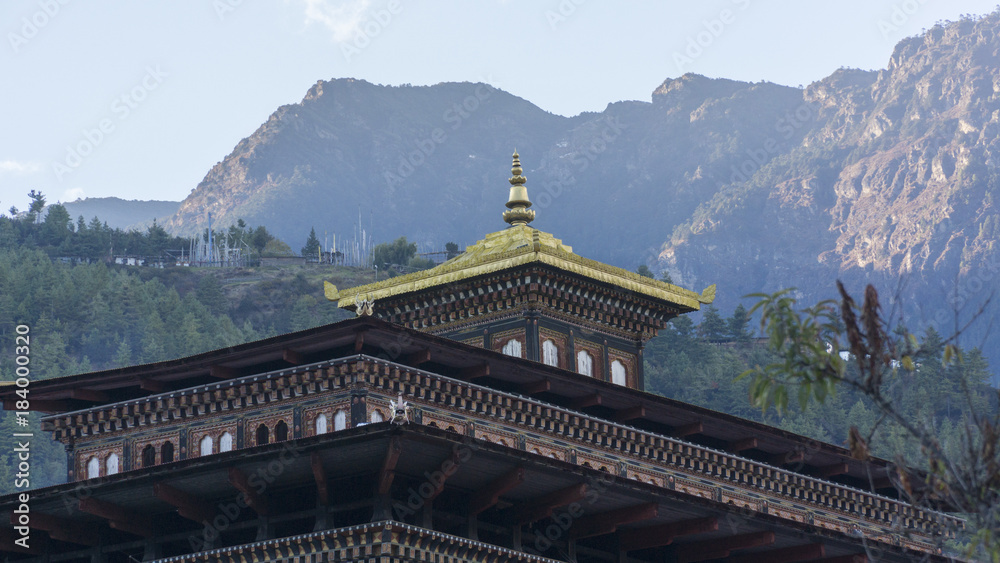 Roof of Tashichho Dzong, Government's and King's office. Kingdom of Bhutan