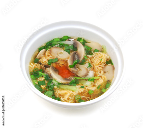 mi goi, noodle soup with fungus on white